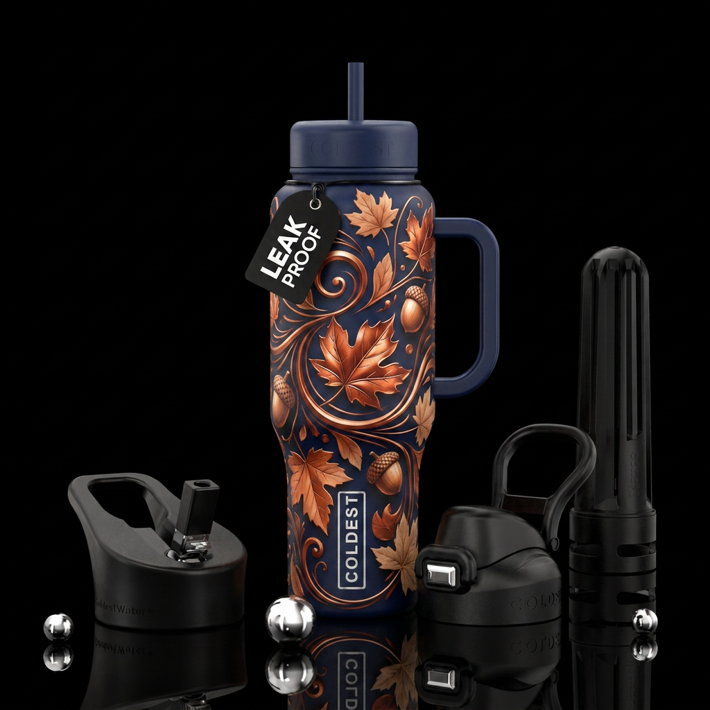 Navy background with some shiny metallic rust oran... water bottle design