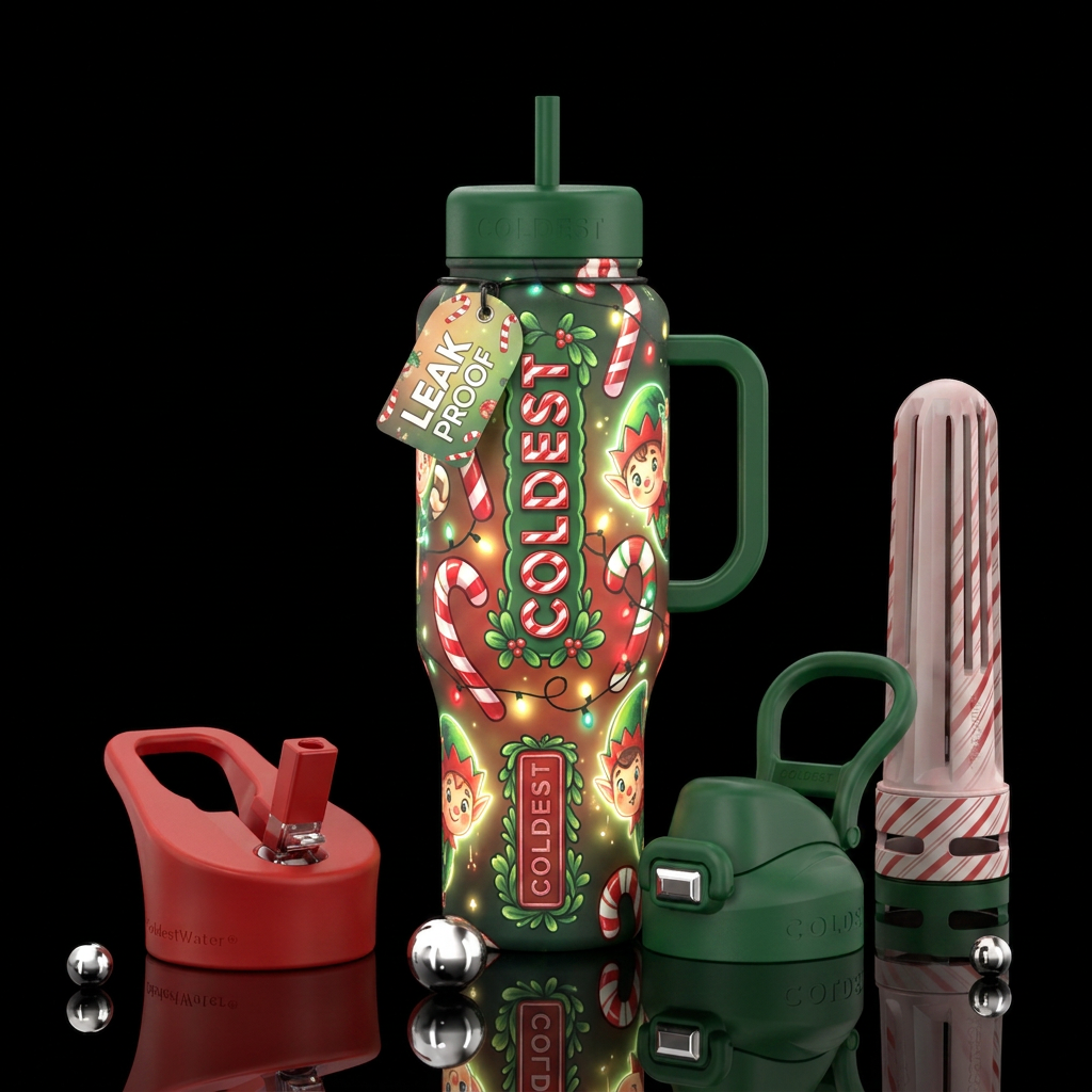 Christmas candy canes mistletoe lights and elfs gl... water bottle design