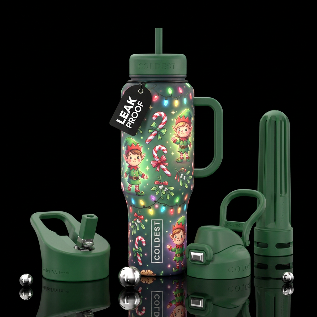 Christmas candy canes mistletoe lights and elfs gl... water bottle design