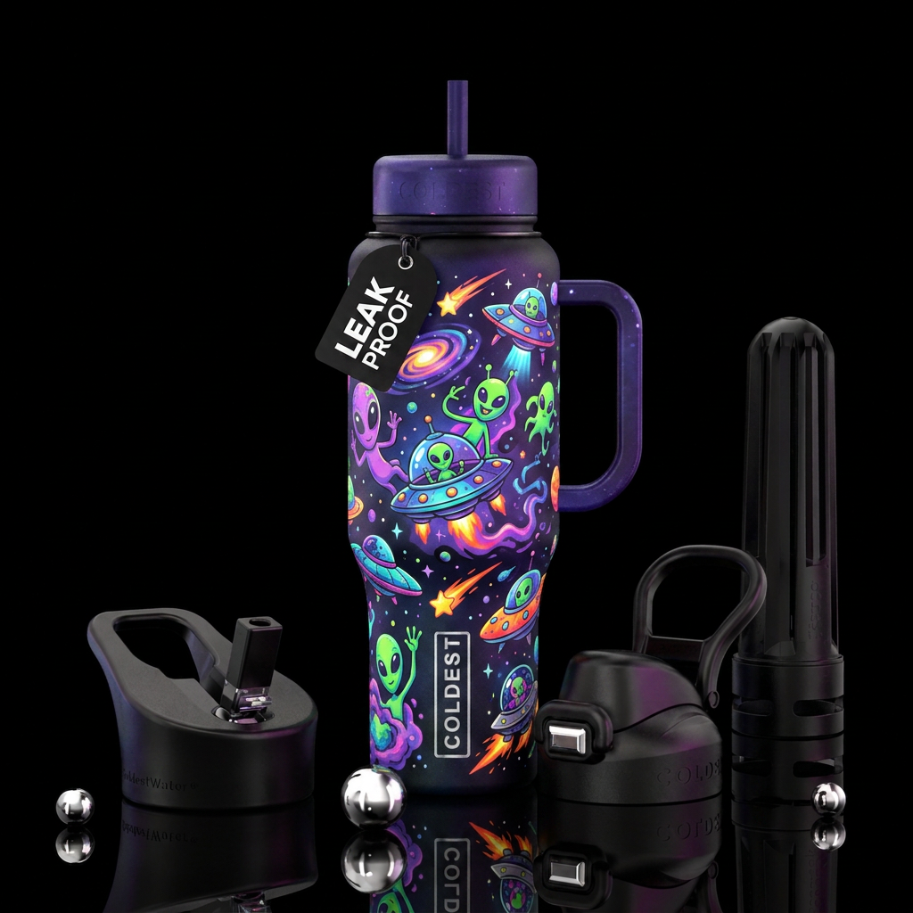 Cartoon aliens space ships shooting stars, funny, ... water bottle design