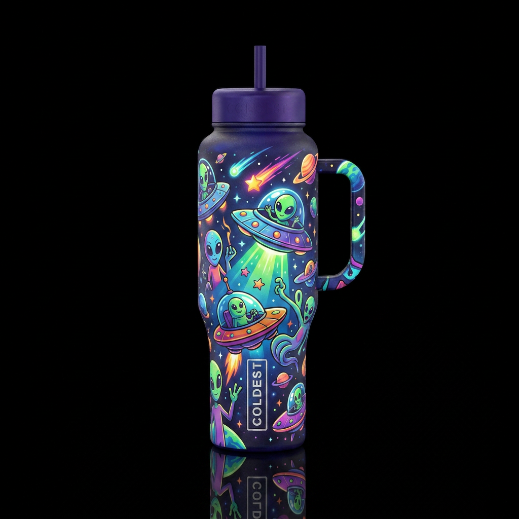 Cartoon aliens space ships shooting stars, funny, ... water bottle design