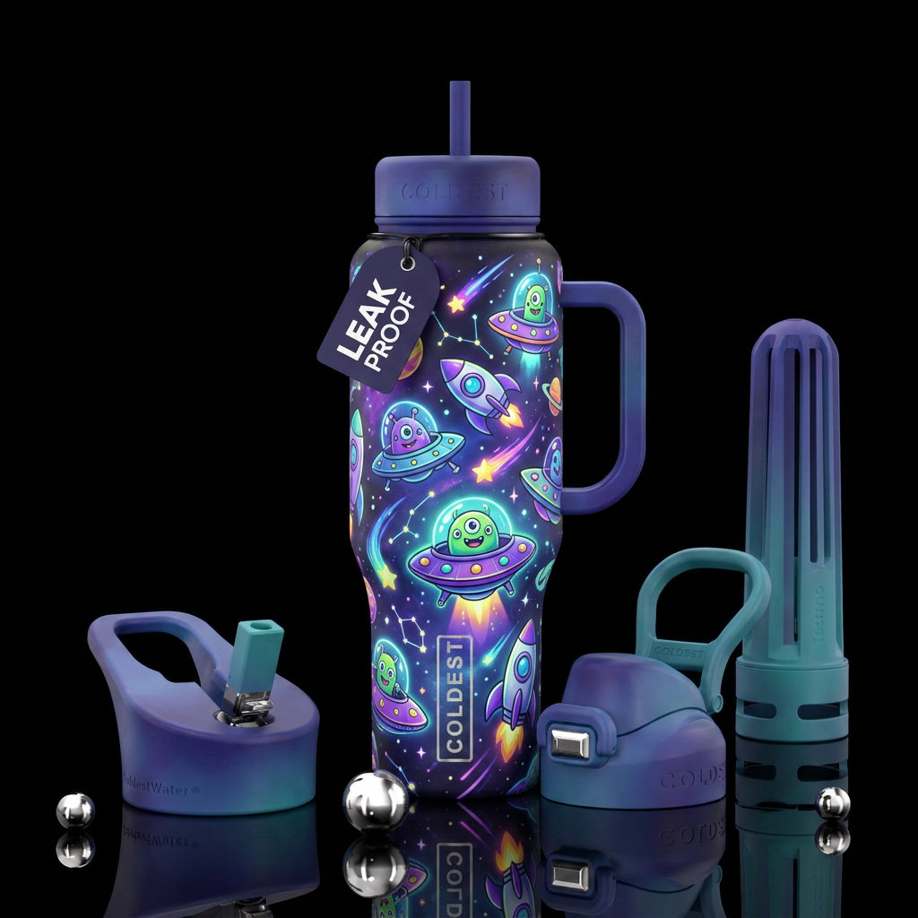 Cartoon aliens space ships shooting stars, funny, ... water bottle design