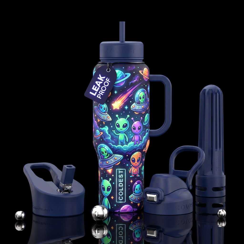 Cartoon aliens space ships shooting stars, funny, ... water bottle design