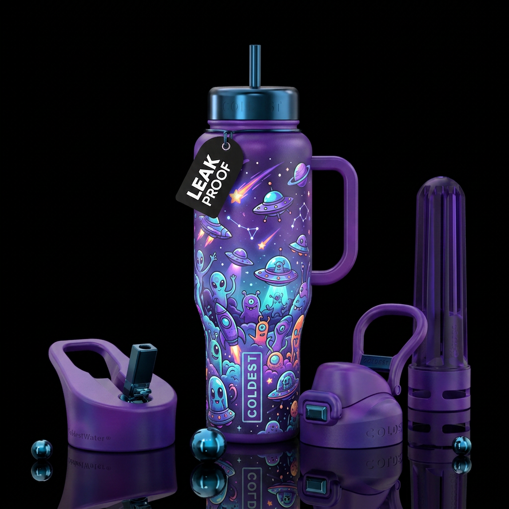 Cartoon aliens space ships shooting stars, funny, ... water bottle design