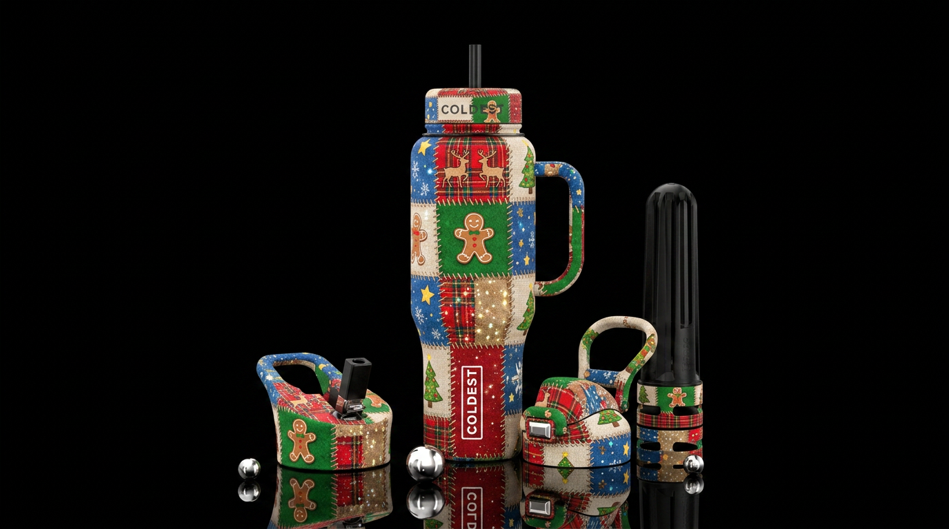 Christmas patchwork cute cartoon hand drawn by chi... water bottle design