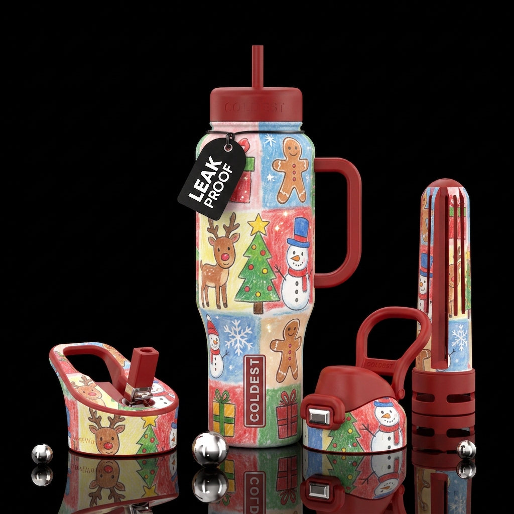 Christmas patchwork cute cartoon hand drawn by chi... water bottle design