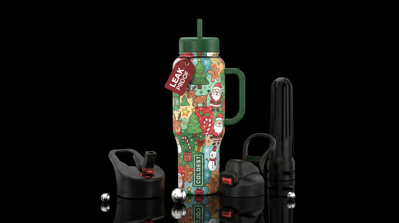 Christmas patchwork cute cartoon hand drawn by chi... water bottle design