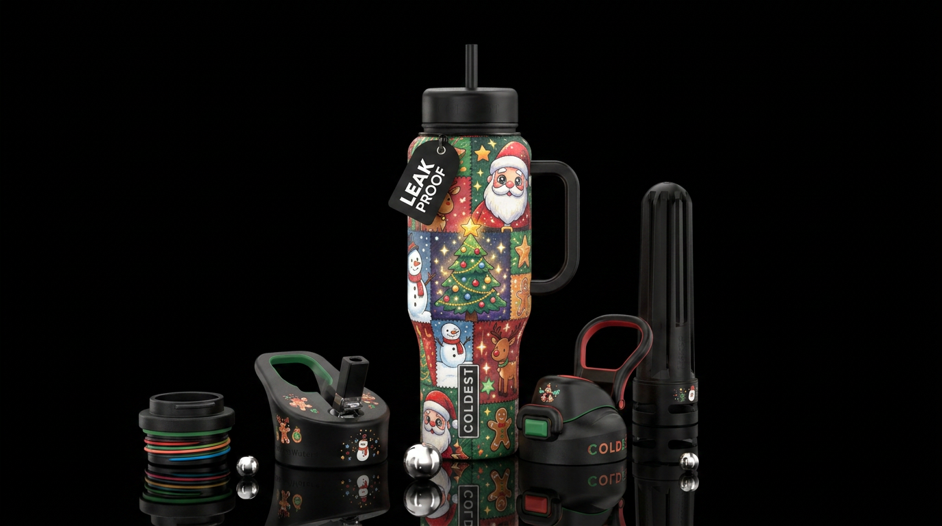 Christmas patchwork cute cartoon hand drawn by chi... water bottle design