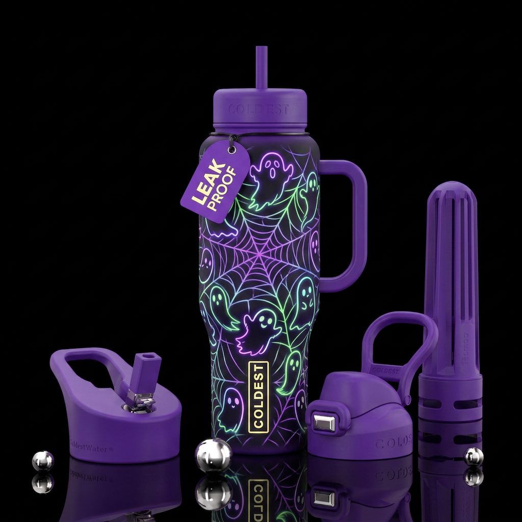Cartoon ghost outlines stuck in a spider web glowi... water bottle design