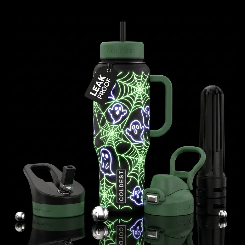 Cartoon ghost outlines stuck in a spider web glowi... water bottle design