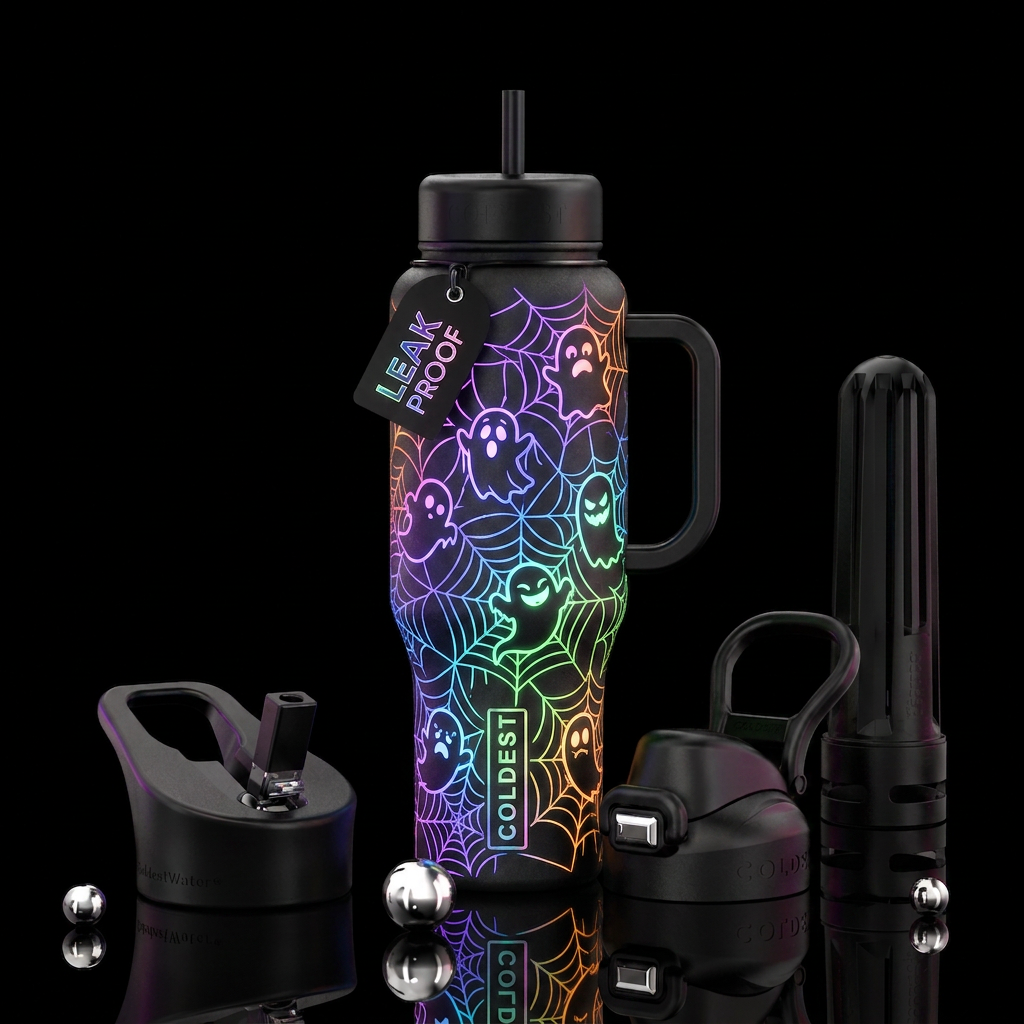 Cartoon ghost outlines stuck in a spider web glowi... water bottle design