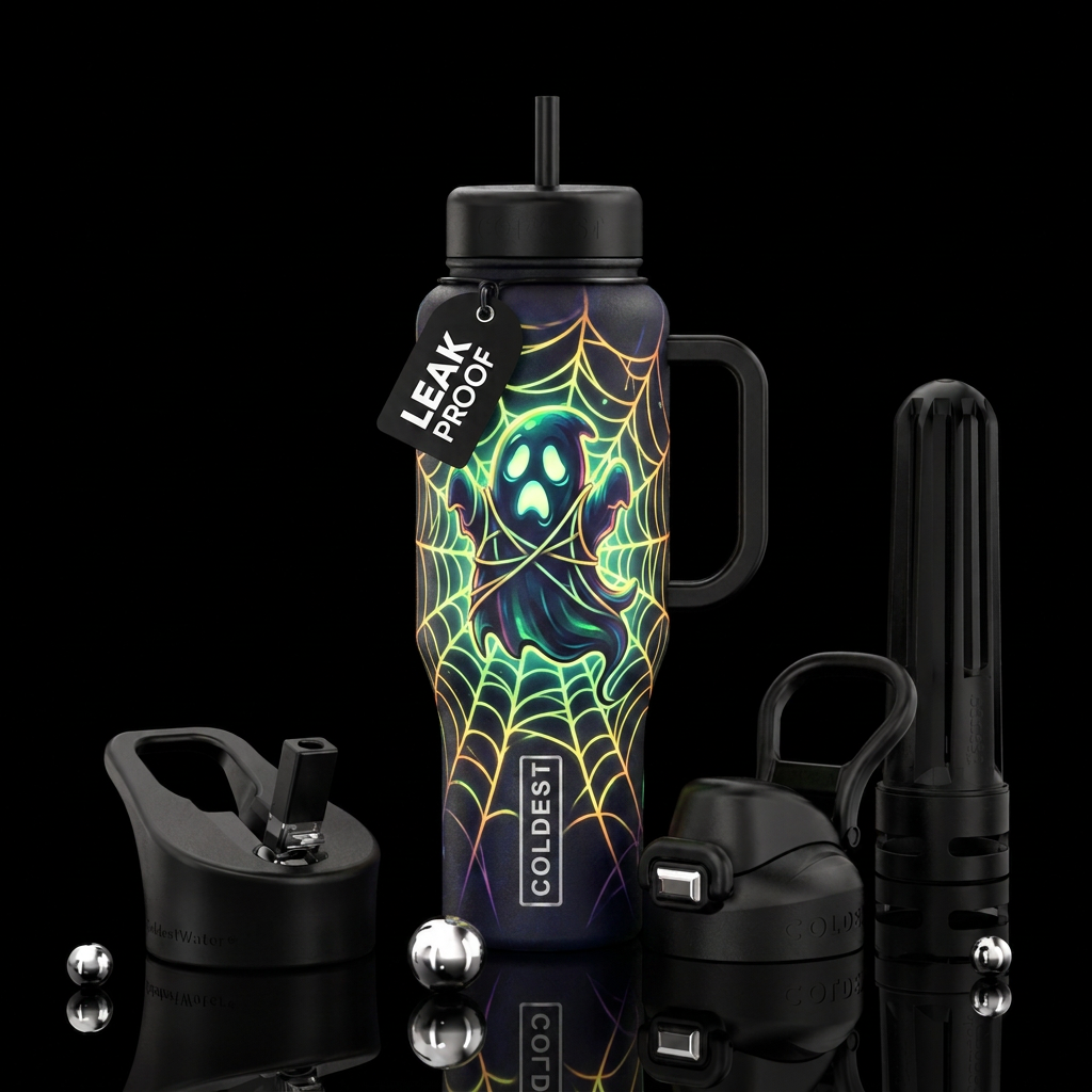 Cartoon ghost stuck in a spider web glowie, funny,... water bottle design
