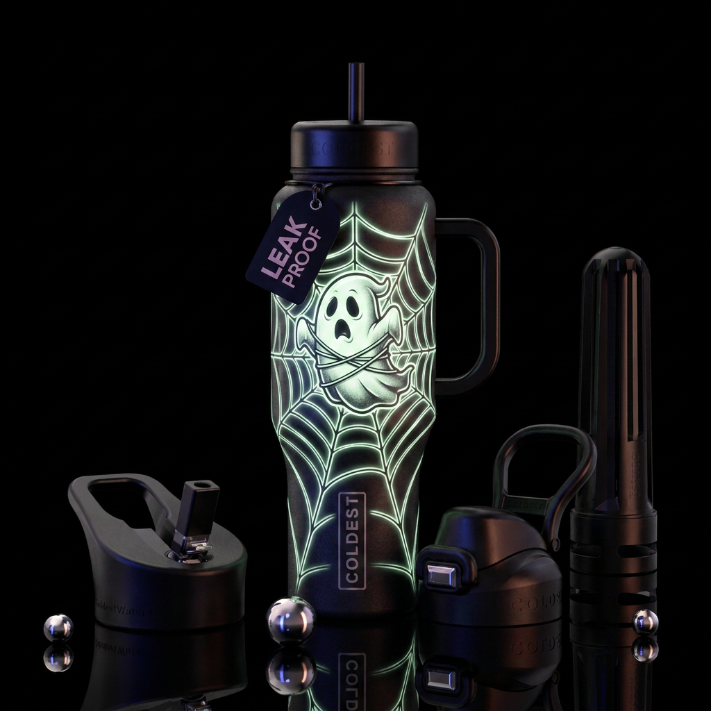 Cartoon ghost stuck in a spider web glowie, funny,... water bottle design
