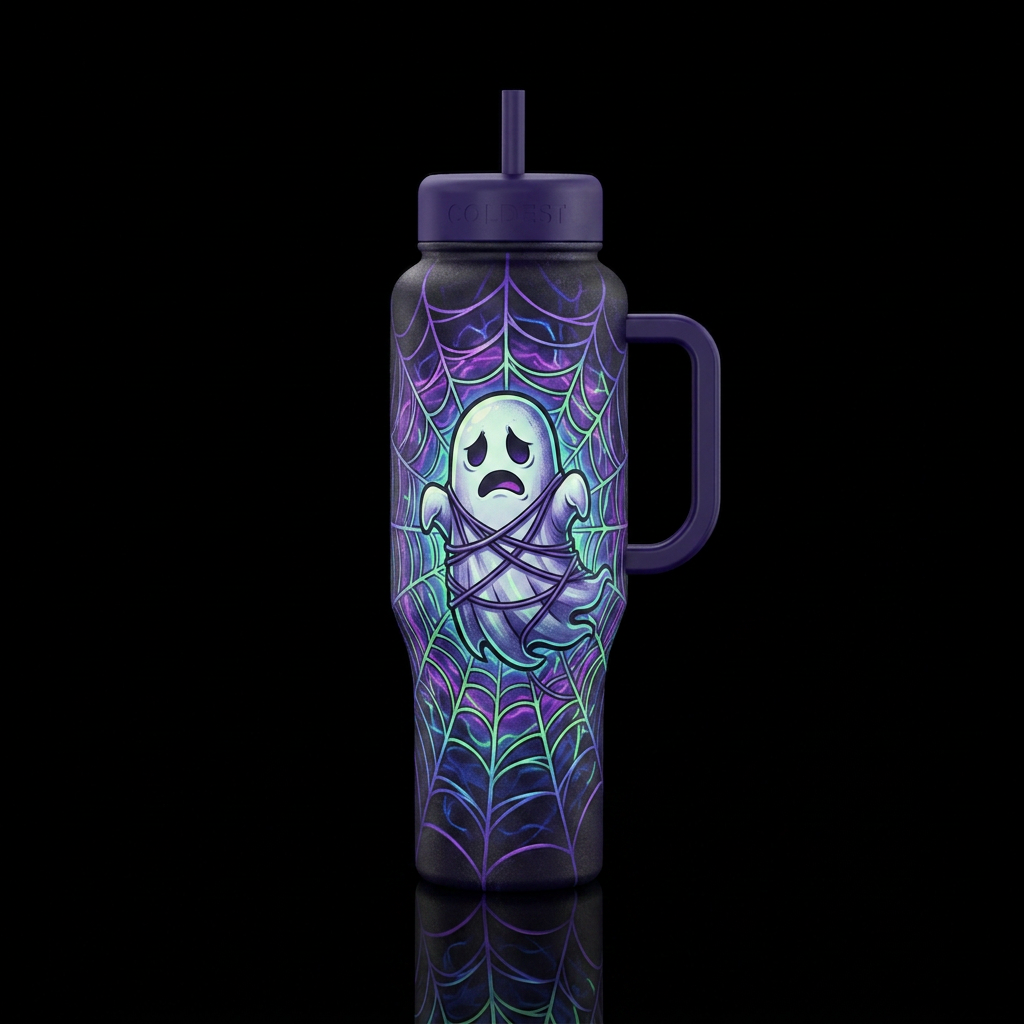 Cartoon ghost stuck in a spider web glowie, funny,... water bottle design