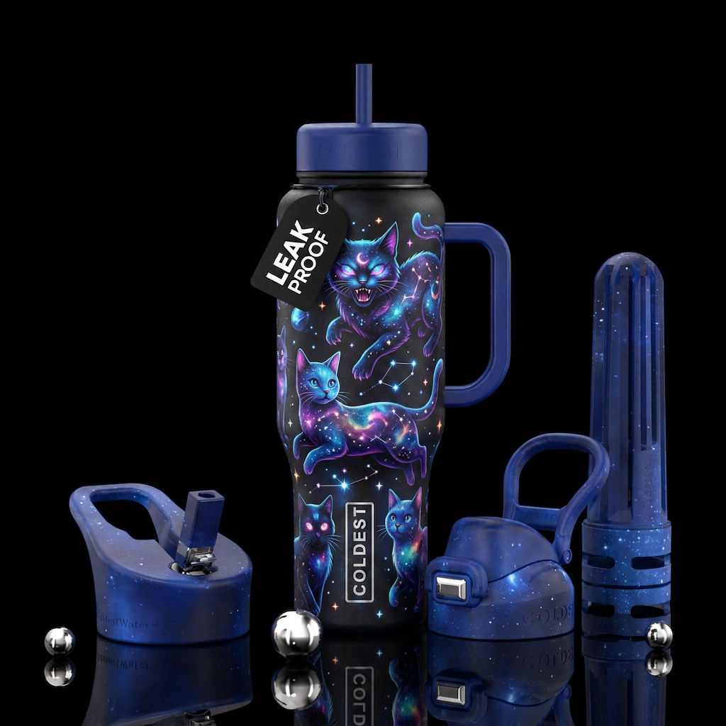 Starry cats, scary, funny, beautiul, vibrant, mode... water bottle design