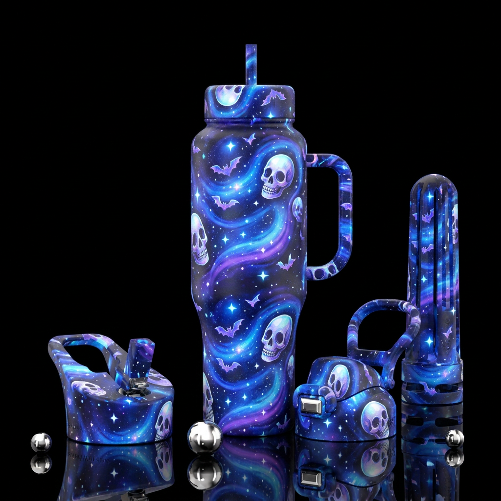 Starry nights with bats and oblong skulls, glowie,... water bottle design