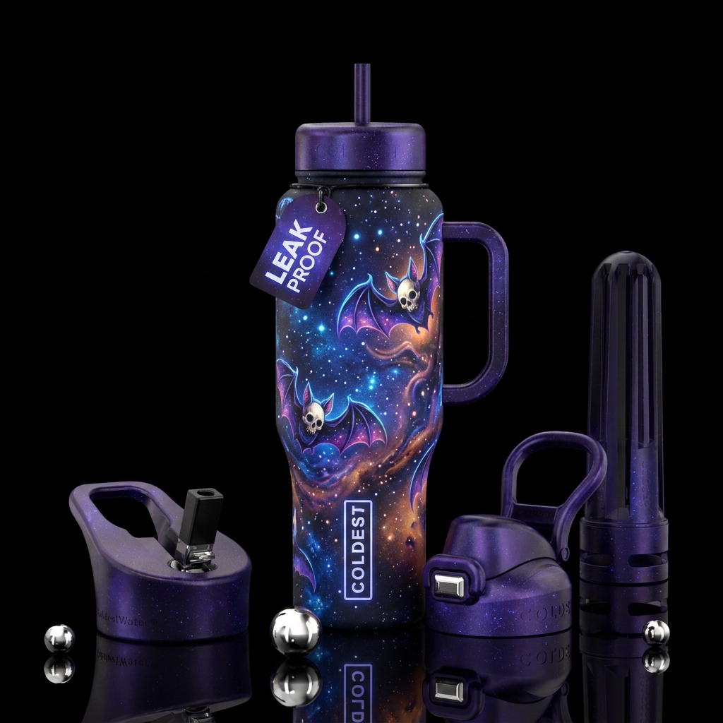 Starry nights with bats and oblong skulls, glowie,... water bottle design