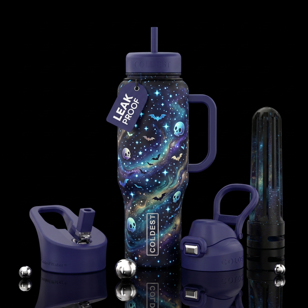 Starry nights with bats and oblong skulls, glowie,... water bottle design