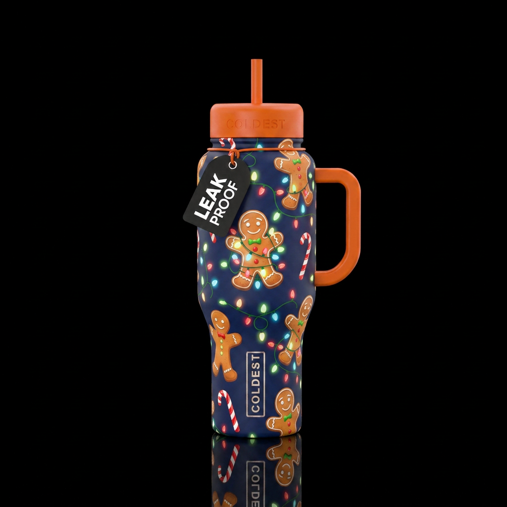 Christmas gingerbread men tangled in christmas lig... water bottle design