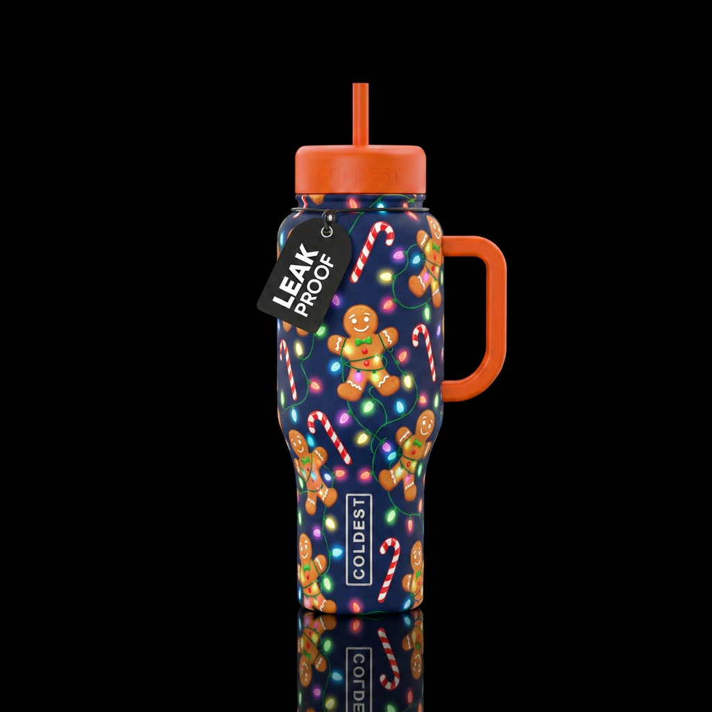 Christmas gingerbread men tangled in christmas lig... water bottle design