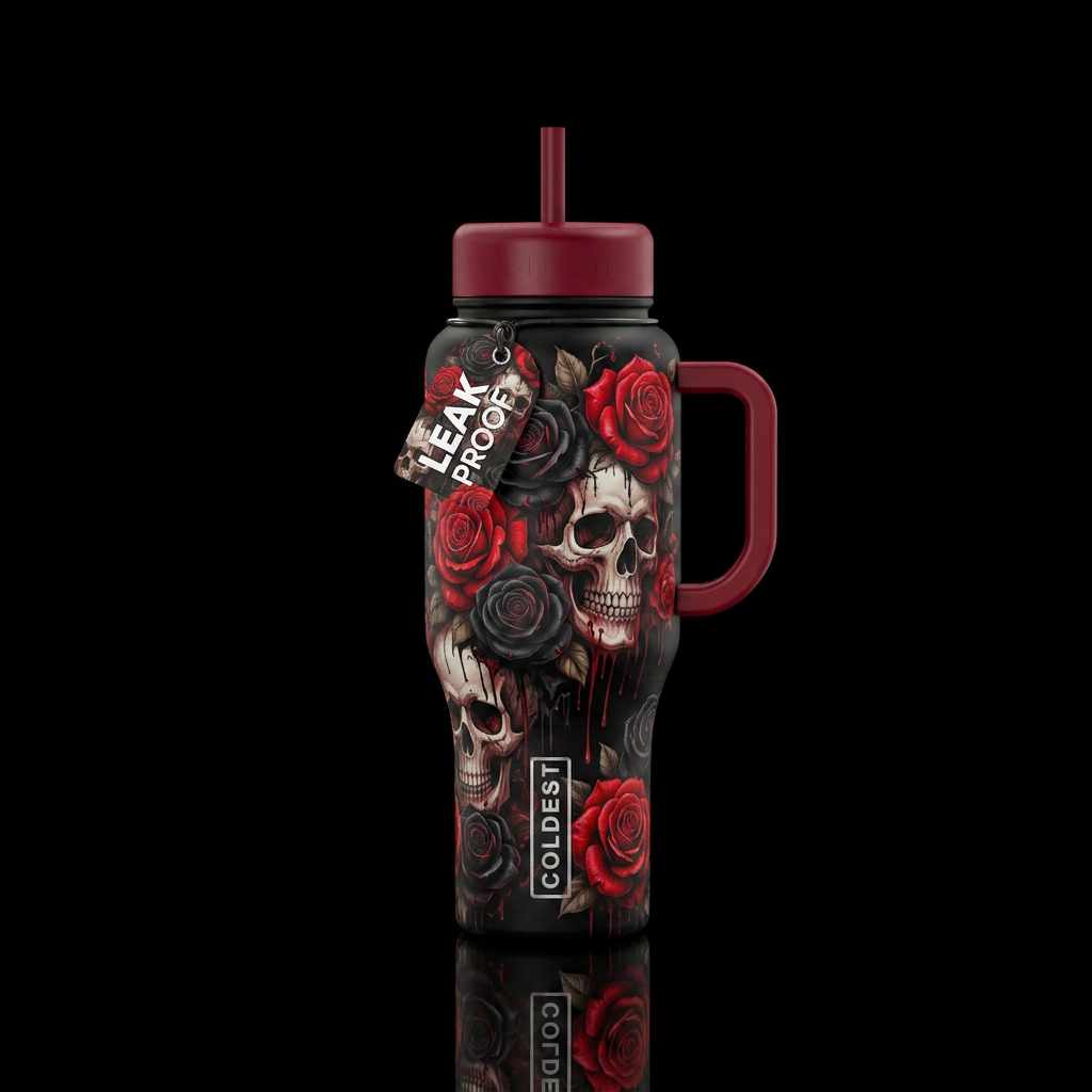 Skulls and Red and black roses, vibrant, scary, in... water bottle design