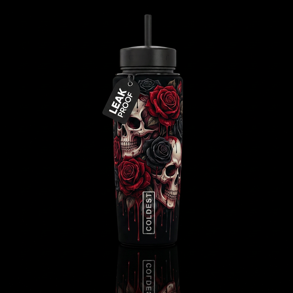 Skulls and Red and black roses, vibrant, scary, in... water bottle design