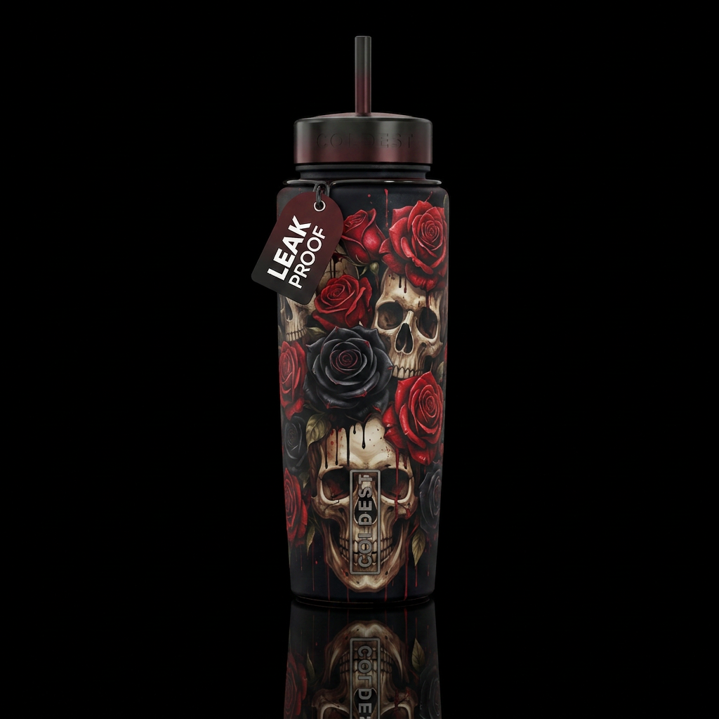 Skulls and Red and black roses, vibrant, scary, in... water bottle design