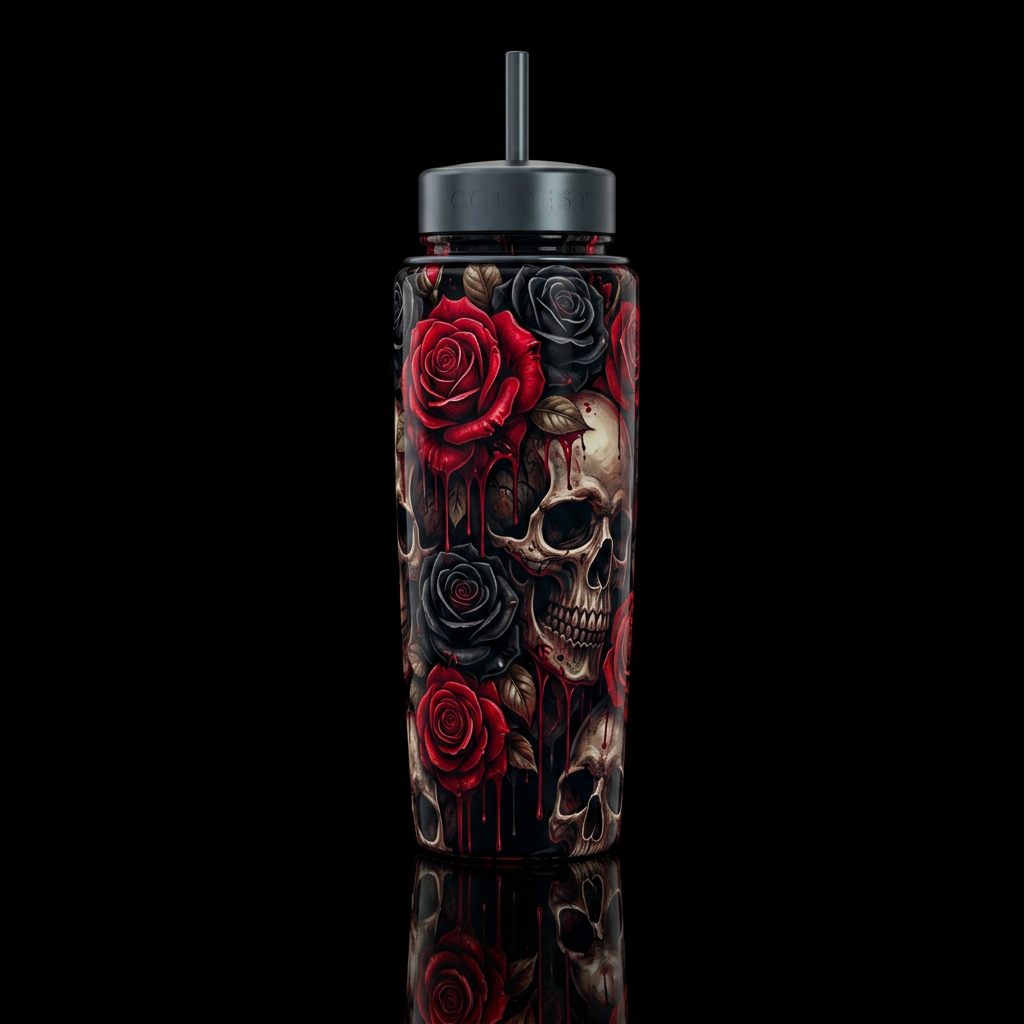 Skulls and Red and black roses, vibrant, scary, in... water bottle design