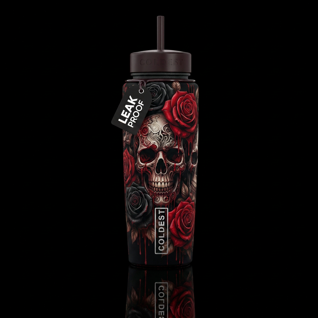 Skulls and Red and black roses, vibrant, scary, in... water bottle design