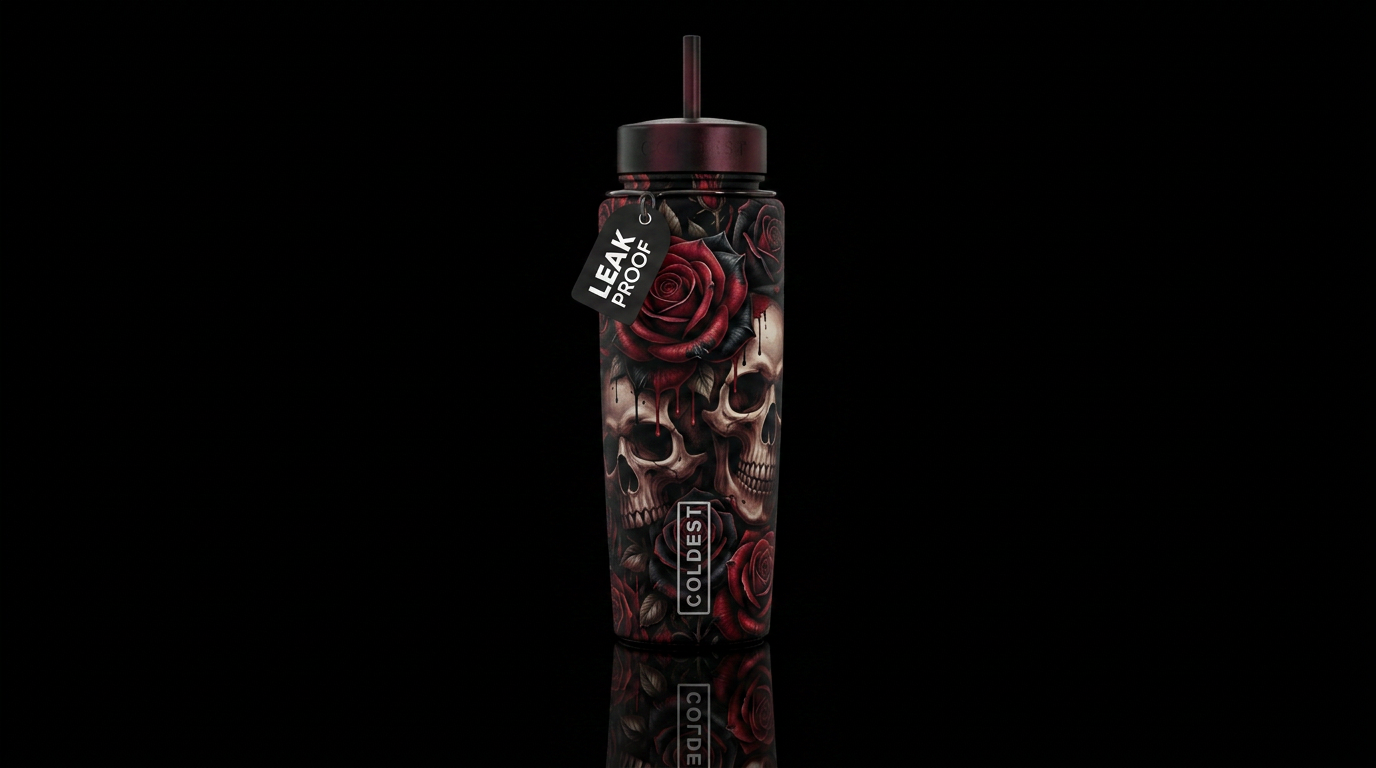 Skulls and Red and black roses, vibrant, scary, in... water bottle design