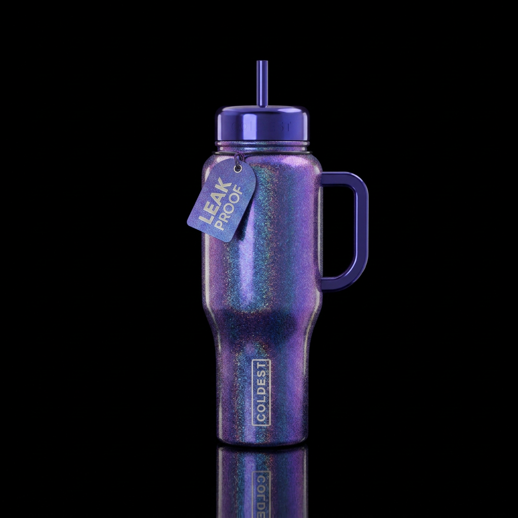 Shimmering metallic purple blue glitter irridescen... water bottle design