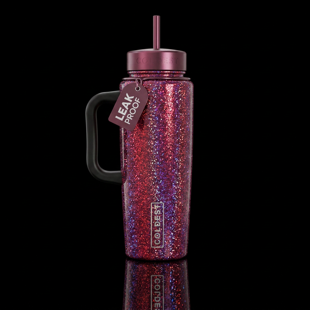 Shimmering metallic red purple glitter irridescent... water bottle design