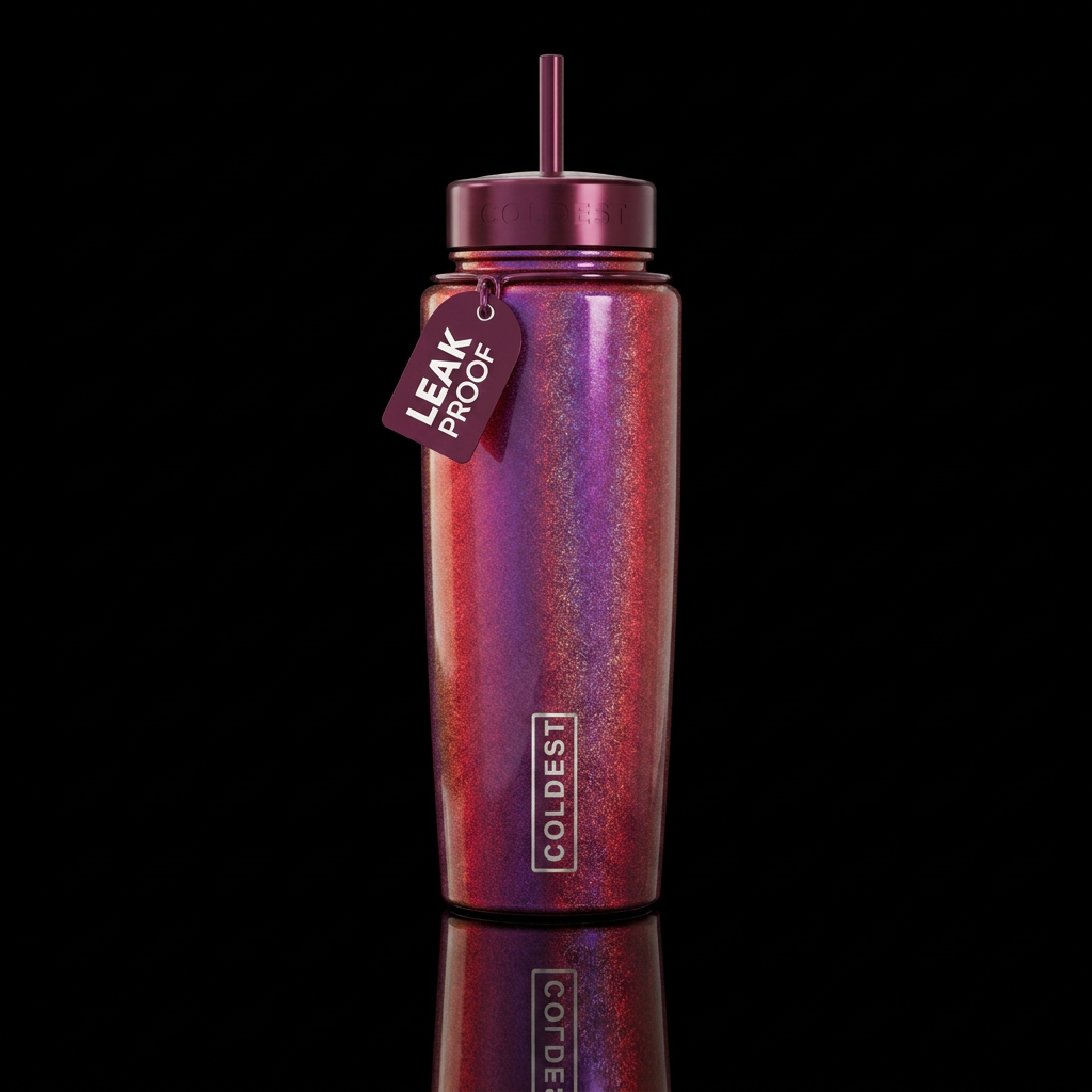 Shimmering metallic red purple glitter irridescent... water bottle design