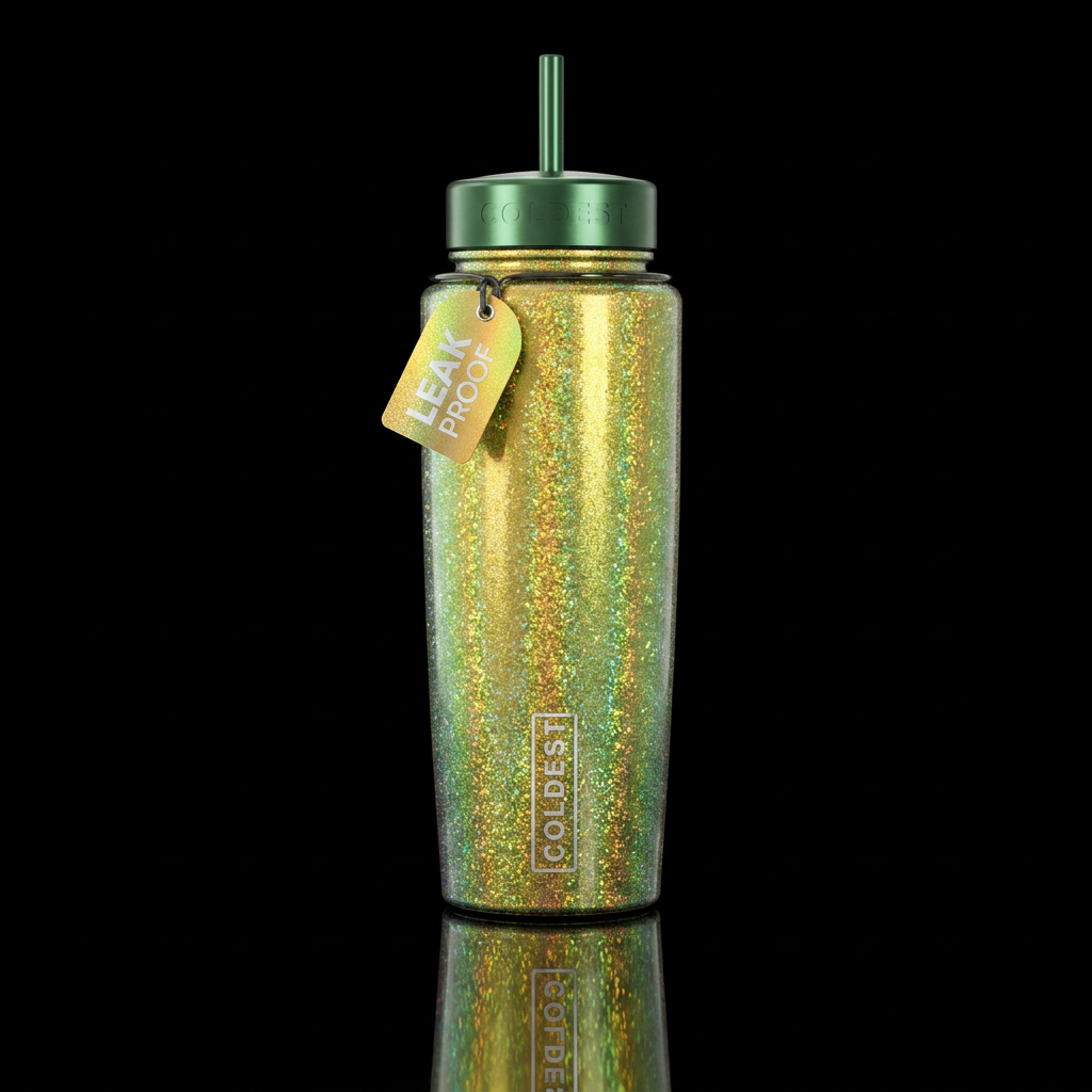 Shimmering metallic yellow gold green glitter irri... water bottle design