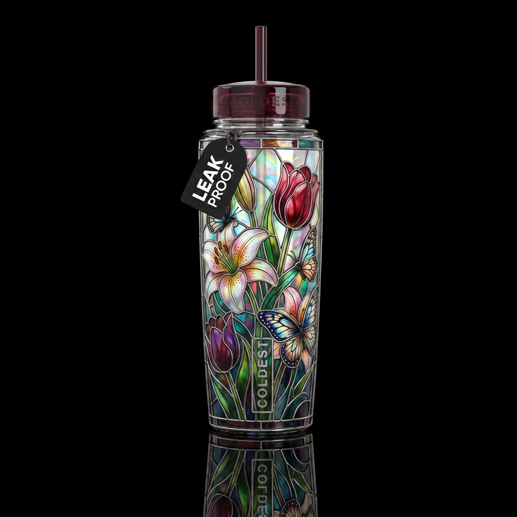Lilies and tulips stained glass, vibrant, beautiul... water bottle design