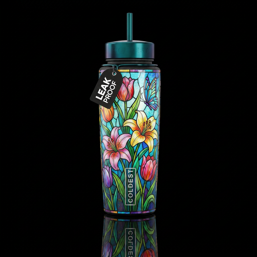 Lilies and tulips stained glass, vibrant, beautiul... water bottle design