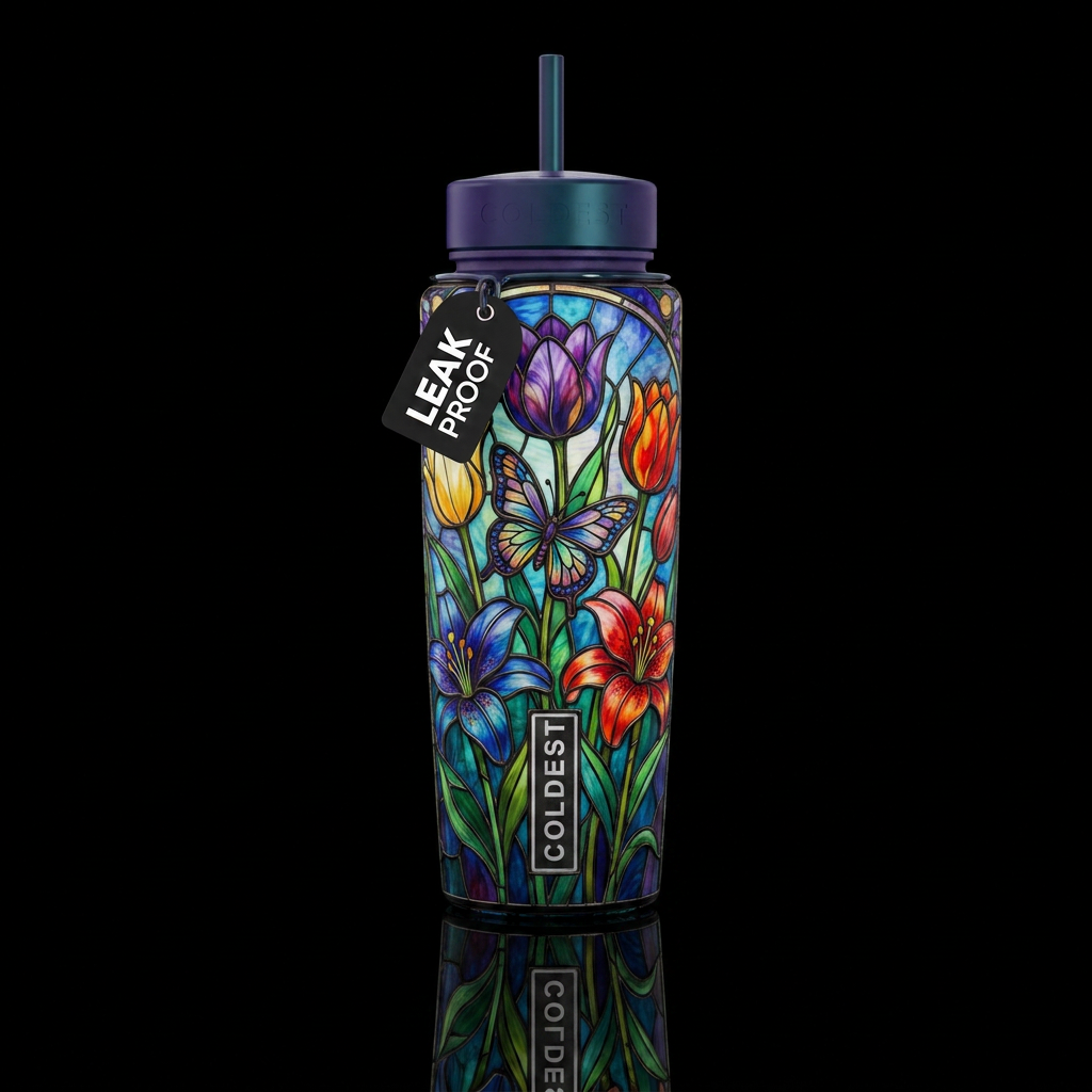 Lilies and tulips stained glass, vibrant, beautiul... water bottle design