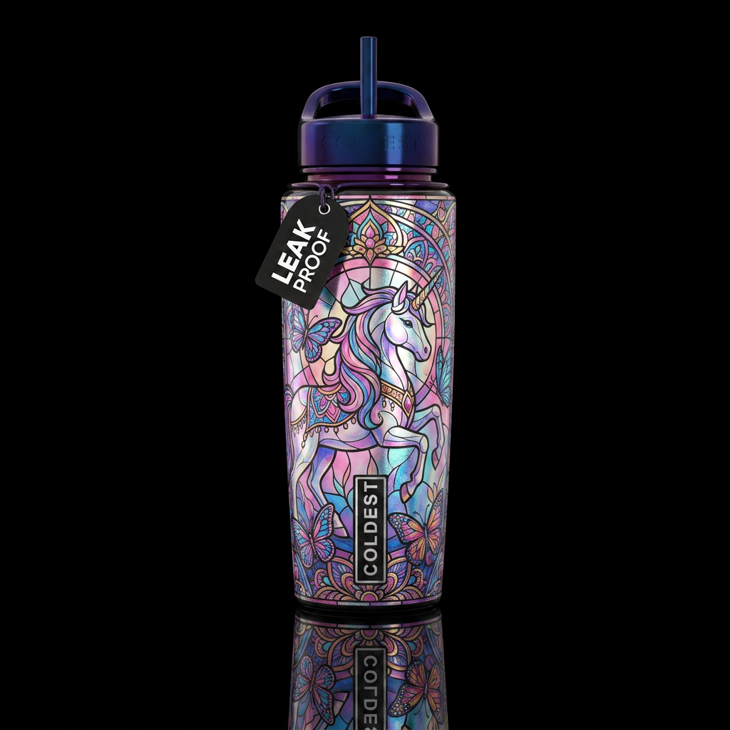 Unicorn stained glass, irridescent, vibrant, magic... water bottle design