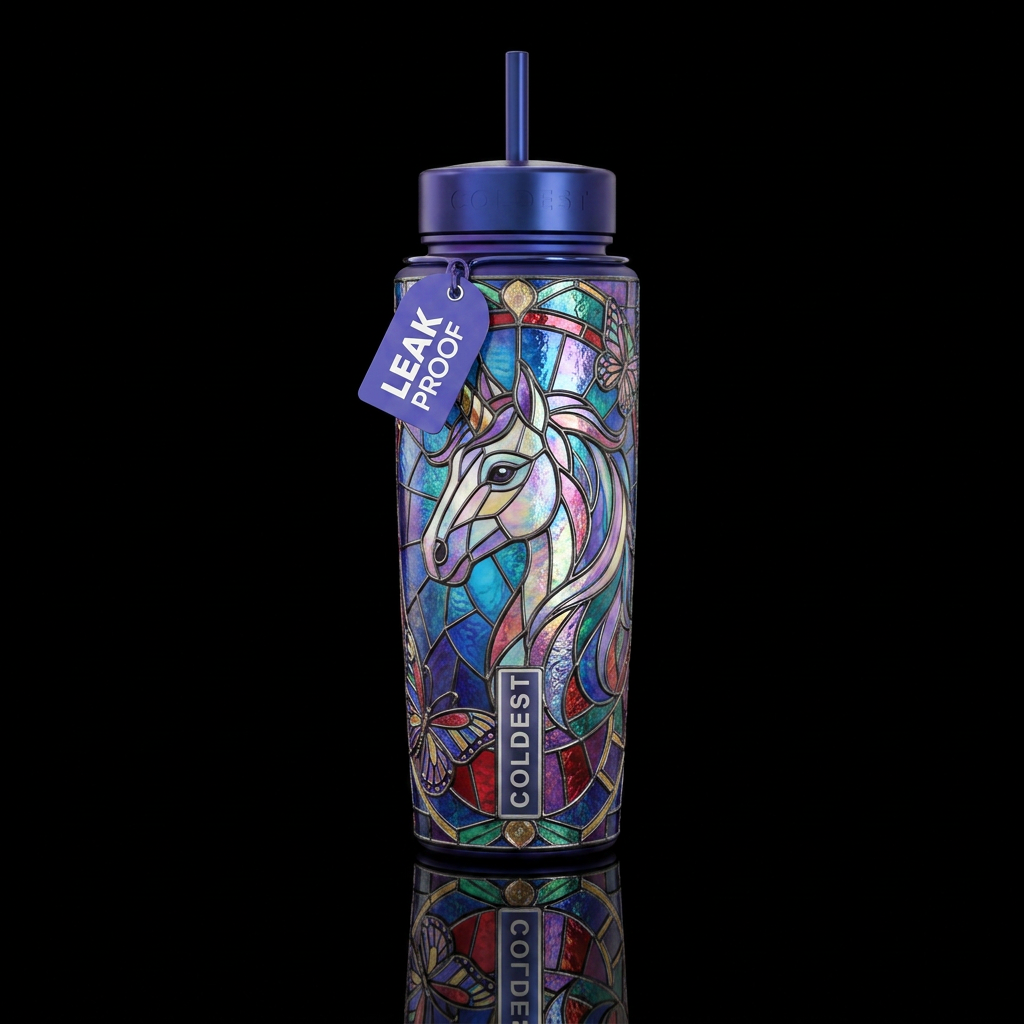 Unicorn stained glass, irridescent, vibrant, magic... water bottle design