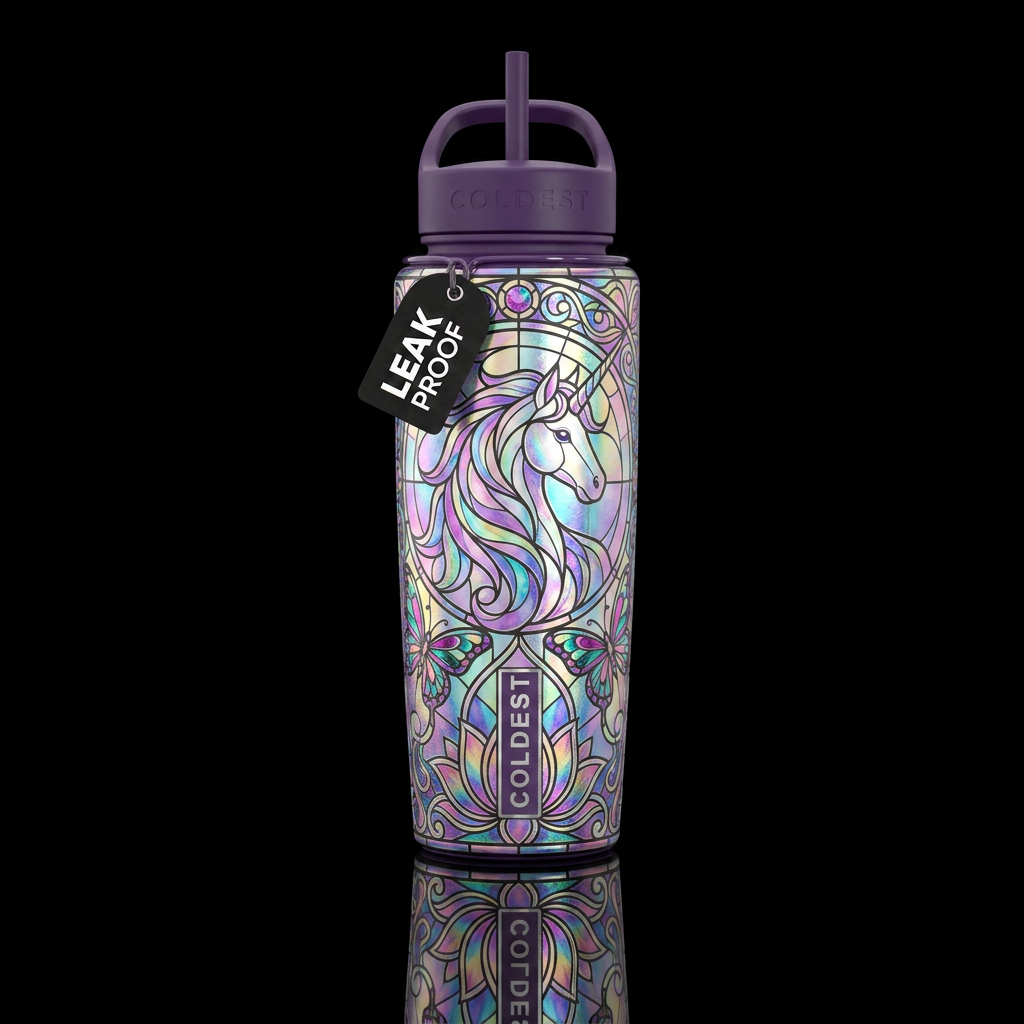 Unicorn stained glass, irridescent, vibrant, magic... water bottle design