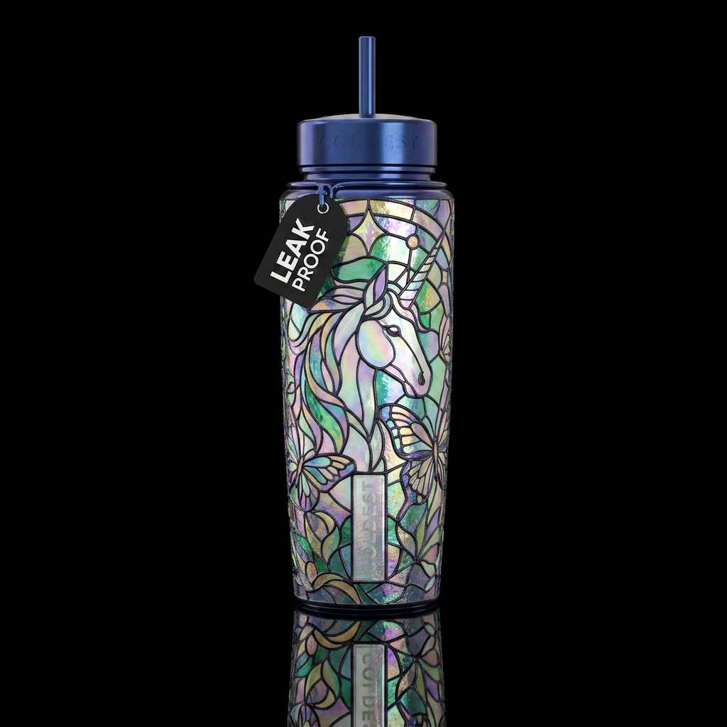 Unicorn stained glass, irridescent, vibrant, magic... water bottle design