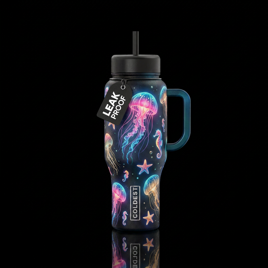 Glowie Jellyfish floating with glowie sea horses a... water bottle design