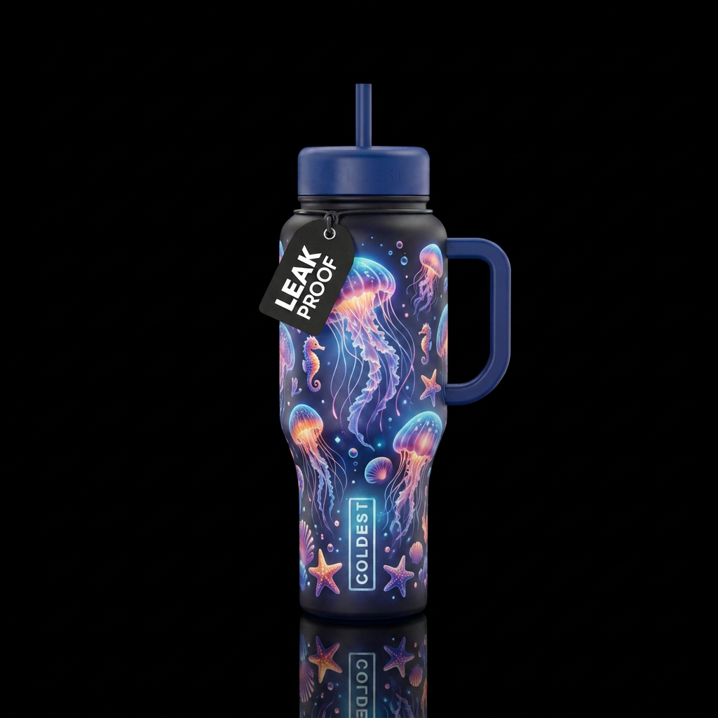 Glowie Jellyfish floating with glowie sea horses a... water bottle design