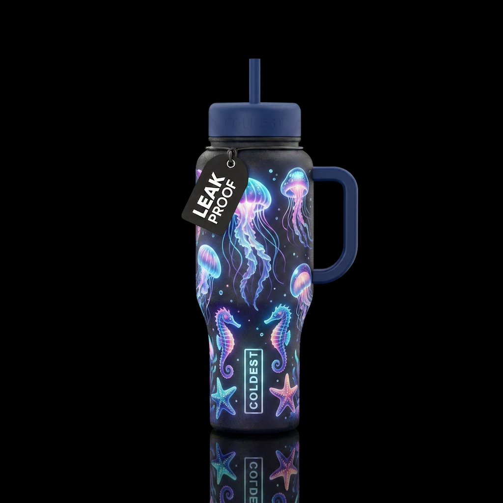 Glowie Jellyfish floating with glowie sea horses a... water bottle design