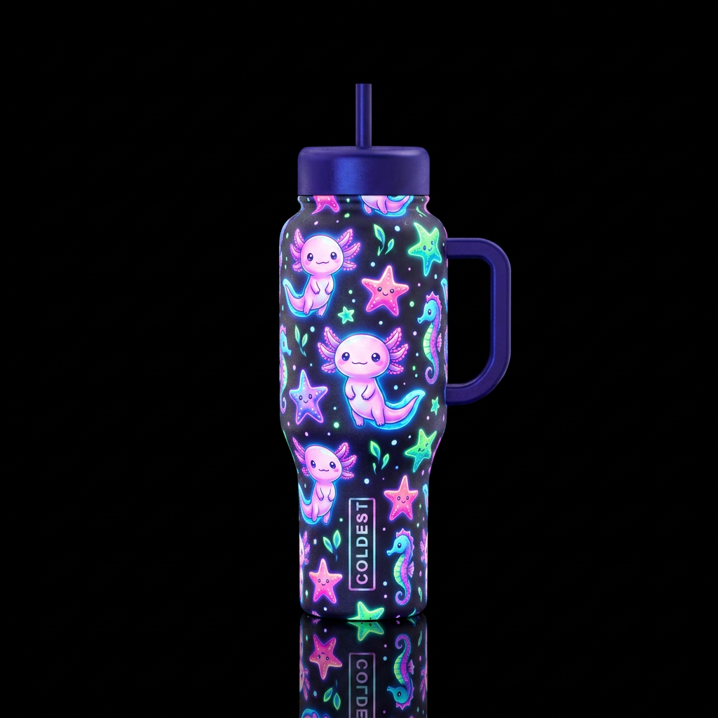 Cute cartoon axoloti starfish and seahorse glowie,... water bottle design