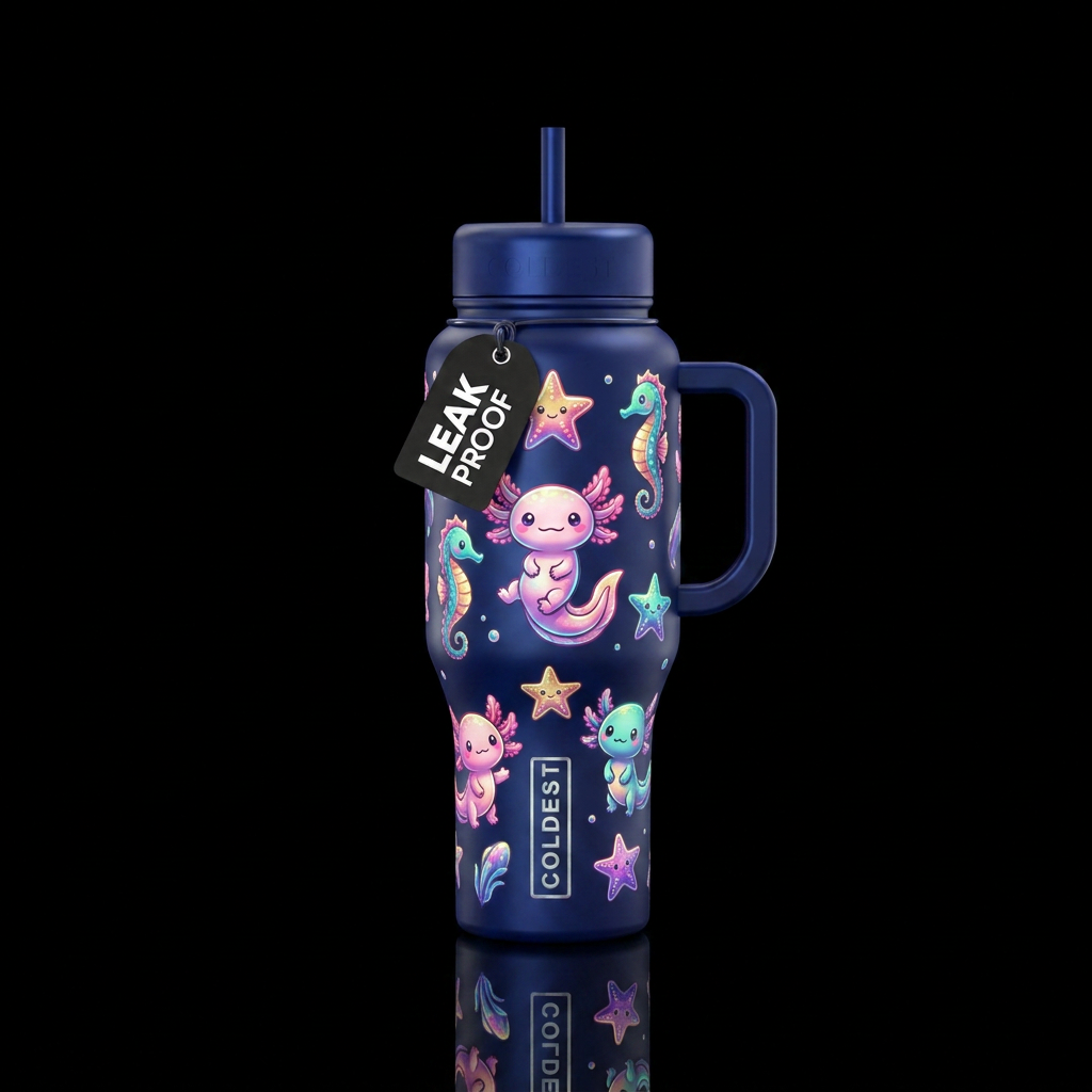 Cute cartoon axoloti starfish and seahorse glowie,... water bottle design