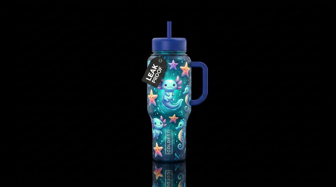 Cute cartoon axoloti starfish and seahorse glowie,... water bottle design