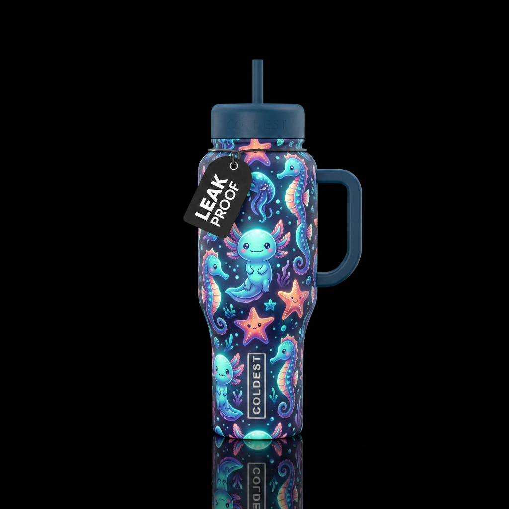 Cute cartoon axoloti starfish and seahorse glowie,... water bottle design