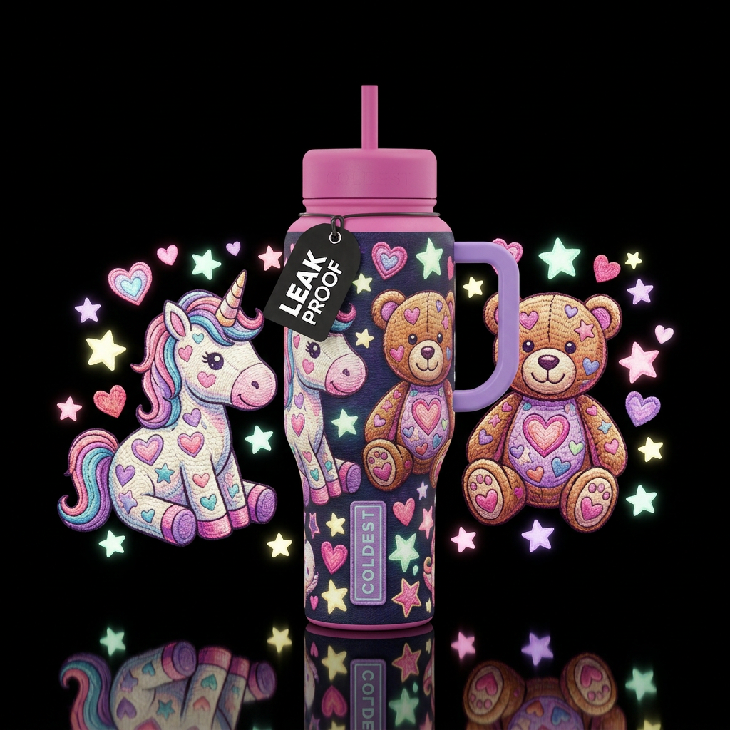 Cartoon cute stuffed unicorn and teddy bear with e... water bottle design