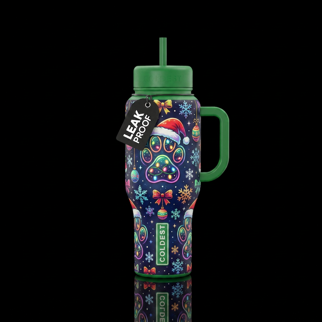 Christmas puppy paws outlines wearing Santa hats g... water bottle design